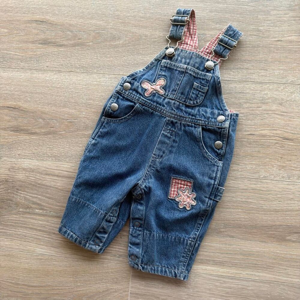 Baby Gap Vintage Y2K Denim Overalls Pink & White Patches Girl XS 0-3 Mos Cottage
